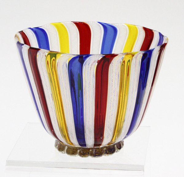 Tiffany favrile glass vase: Murano art glass footed bowl decorated with red, blue, and gold ribbons, 4.25''