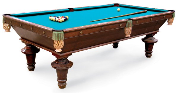 Slate top pool table, circa 1900: Slate top pool table, circa 1900, quarter-sawn oak base with rosewood top rail having ivory inlay, turned legs, leather pockets, the top bordered with ornamental brass rosettes. Playing area dimension