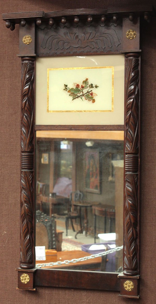 New England Sheraton mahogany mirror: New England Sheraton/Late Classical transitional mahogany mirror, 13 acorn drops above frieze with relief carving, gilt rosette corners, eglomise panel above mirror flanked with acanthus leaf carved s