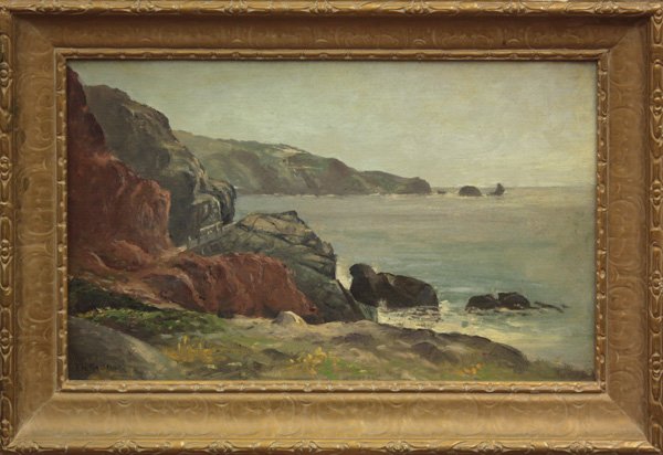 Painting Thomas Henry Rabjohn: Framed oil on board, Coastal Landscape, by Thomas Henry Rabjohn (Californian, 1852-1943), signed ''T.H. Rabjohn'' lower left, sight: 9.75''h x 15.75''w, overall: 13.75''h x 19.75''w.
