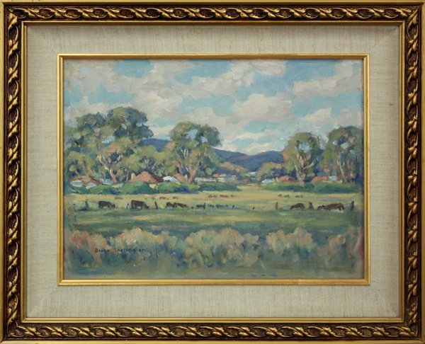 Painting Cattle, Sherrington: Framed oil on canvas board, Cattle Grazing in Field, signed ''Bruce Sherrington'' lower left, sight: 11.25''h x 15.5''w, overall: 17.5''h x 21.5''w