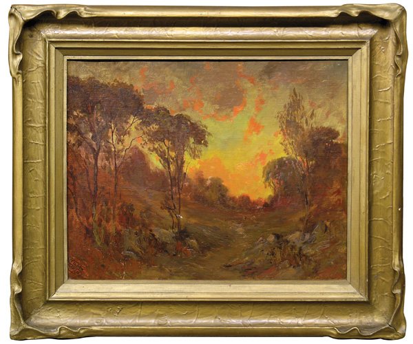 painting, Sidney Tilden Daken, Sunset: Framed oil on board, Sunset Scene, by Sidney (Samuel) Tilden Daken (Californian, 1876-1935), signed ''Tilden Daken'' lower left, sight: 19''h x 24''w, overall: 28''h x 33''w.