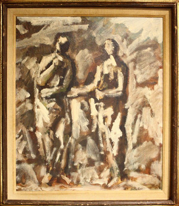 Painting attributed to Maurice Golubov: Framed oil on board, Abstract Figures, attributed to Maurice Golubov (American, 1905-1987), bears double ''M. Golubov'' signature (graphite and paint/stamp) lower right, inscribed verso, sight: 21.5''