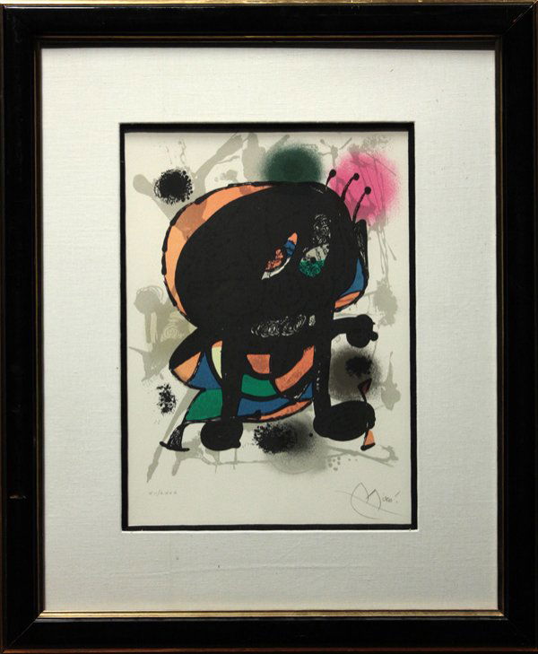 Lithograph Joan Miro Spanish: Framed lithograph, by Joan Miro (Spanish, 1893-1983), pencil signed ''Miro'' lower right, numbered XII/LXXX lower left, sight: 16.5''h x 11.5''w, overall: 27''h x 22''w.