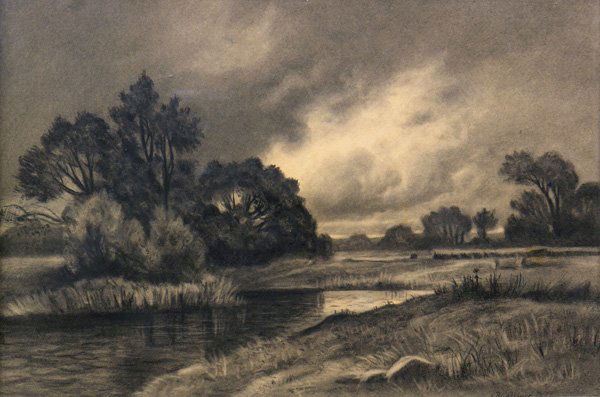 Charcoal L.P. Latimer River Landscape: Framed charcoal drawing, River Landscape, 1877, by Lorenzo Palmer Latimer (Californian, 1857-1941), signed and dated ''L.P. Latimer 1877'' lower right, labels affixed verso read: ''Under the terms of