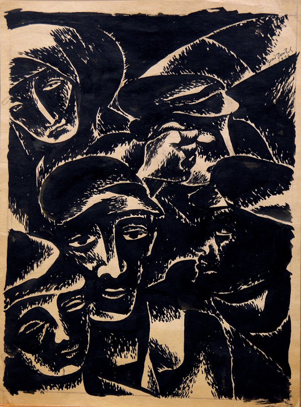 Works on paper, Boris Deutsch, Figures: (lot of 3) Unframed works on paper by Boris Deutsch (Californian, 1892-1978): grease pencil drawing, Four Figures, signed and dated ''Boris Deutsch 1926'' lower right; pair of sumi ink and pencil draw