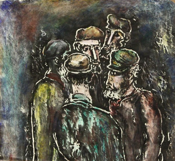 Mixed media drawings, Boris Deutsch: (lot of 3) Unframed mixed media drawings by Boris Deutsch (Californian, 1892-1978): Conversing Men, unsigned, dated 1956 verso; Portrait of a Rejoicing Man in Green, signed and dated ''Boris Deutsch 1