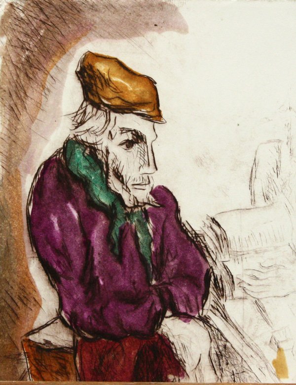Handcolored etchings Boris Deutsch: (lot of 6) Unframed handcolored etchings in various states, ''Village Scholars,'' 1968, by Boris Deutsch (Californian, 1892-1978), one of which is titled in pencil lower margin, four of which are sign
