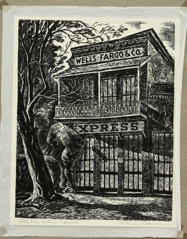 Woodblock prints Charles Surendorf: (lot of 2) Unframed woodblock prints, ''Wells Fargo Building - Columbia'' and ''Old Fire House - Columbia,'' by Charles Surendorf (Californian, 1906-1979), each pencil signed ''Charles Surendorf'' low
