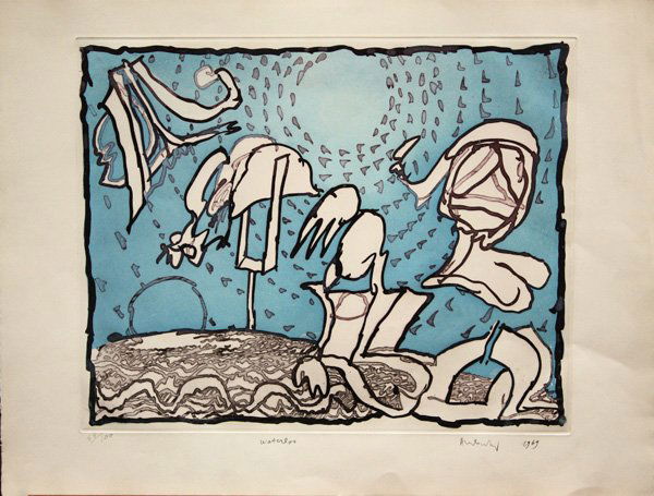 Aquatint, Waterloo Alechinsky: Unframed aquatint, ''Waterloo,'' 1969, by Pierre Alechinsky (Belgian, b. 1927), pencil signed and dated lower right, titled lower center, numbered 88/100 lower left, sheet: 19 6/8''h x 26''w