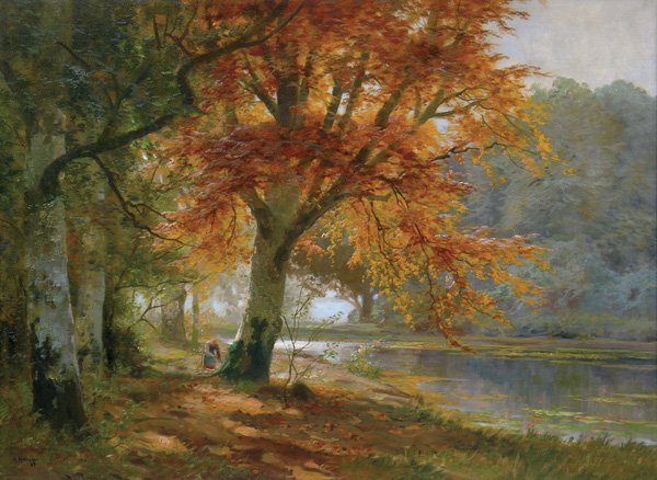 Painting Alois Arnegger Austrian: Framed oil on canvas, Gathering Firewood, by Alois Arnegger (Austrian, 1879-1967), signed ''A. Arnegger'' lower left, sight: 29''h x 39''w, overall: 35''h x 45''w.