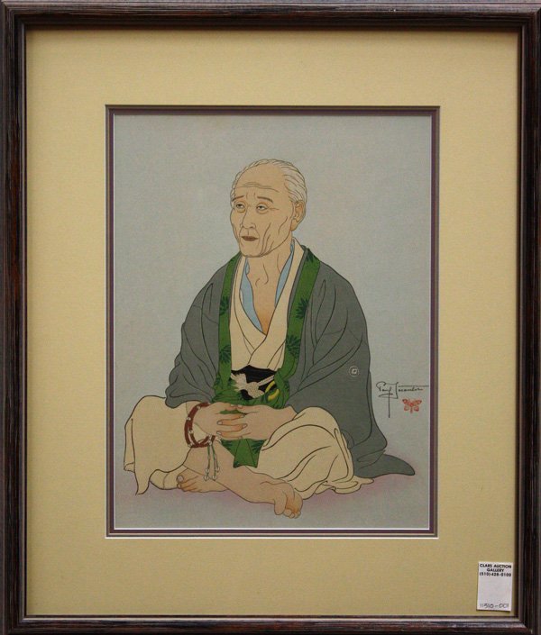 Paul Jacoulet Woodblock Print, 1940: Framed woodblock print by Paul Jacoulet (), entitled Vieillad au Chapelet. Kawadzu (=Old Man with a Rosary, Kawatsu) [Miles #68], printed 25 July 1940, signed in pencil and with butterfly seal, overal