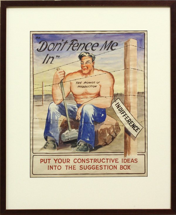 Watercolor WPA Don't Fence Me In: Framed watercolor, ''Don't Fence Me In: Put your Constructive Ideas into the Suggesion Box,'' unsigned, American, c. 1930s, overall: 28''h x 23''w.