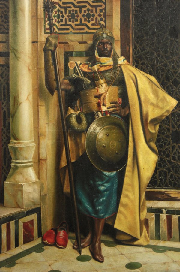 painting, after Ludwig Deutsch, guard: Framed oil on linen, Palace Guard, unsigned, contemporary, in the manner of Ludwig Deutsch, overall: 44.5''h x 32.5''w