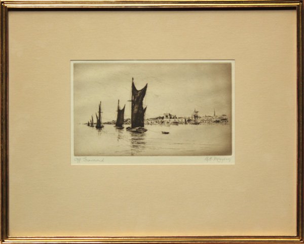 etching, Edgar James Mayberry Gravesend: Framed etching, ''Off Gravesend,'' by Edgar James Mayberry (Welsh, 1887-1966), pencil signed lower right, titled lower left, overall: 12.25''h x 15.25''w