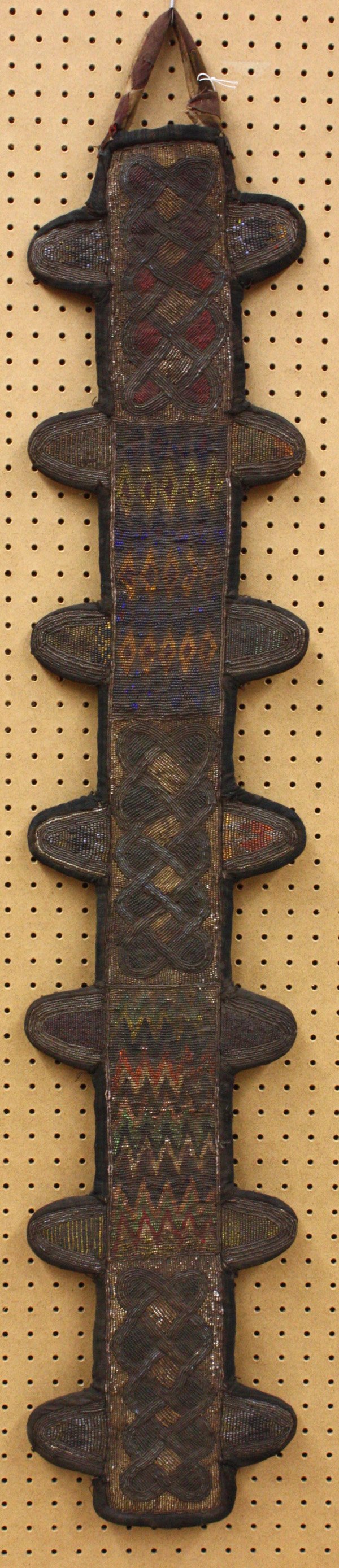 Beaded cermonial sashes Yoruba Nigeria: (lot of 3) Beaded cermonial sashes, Yoruba tribe, Nigeria, with interlacing patterns, the largest 56''l x 10''w