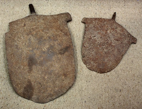 currency 19th c. Mambila Cameroon: (lot of 2) Metal currency, 19th century, Mambila tribe, Cameroon, in shield forms the larger 30''h x 19''w x 3''d (one with loss)