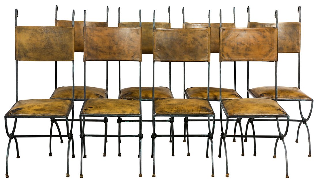 (lot of 8) A suite of wrought iron and leather dining (1 of 3)