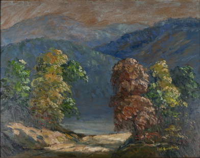 Painting, John Wesley Hardrick: John Wesley Hardrick (American, 1891-1968), Autumn Hills (Bedford, Indiana), oil on board, signed lower right, board: 22"h x 28"w, overall (with frame): 27.75"h x 33.5"w. Note: Hardrick was an influen