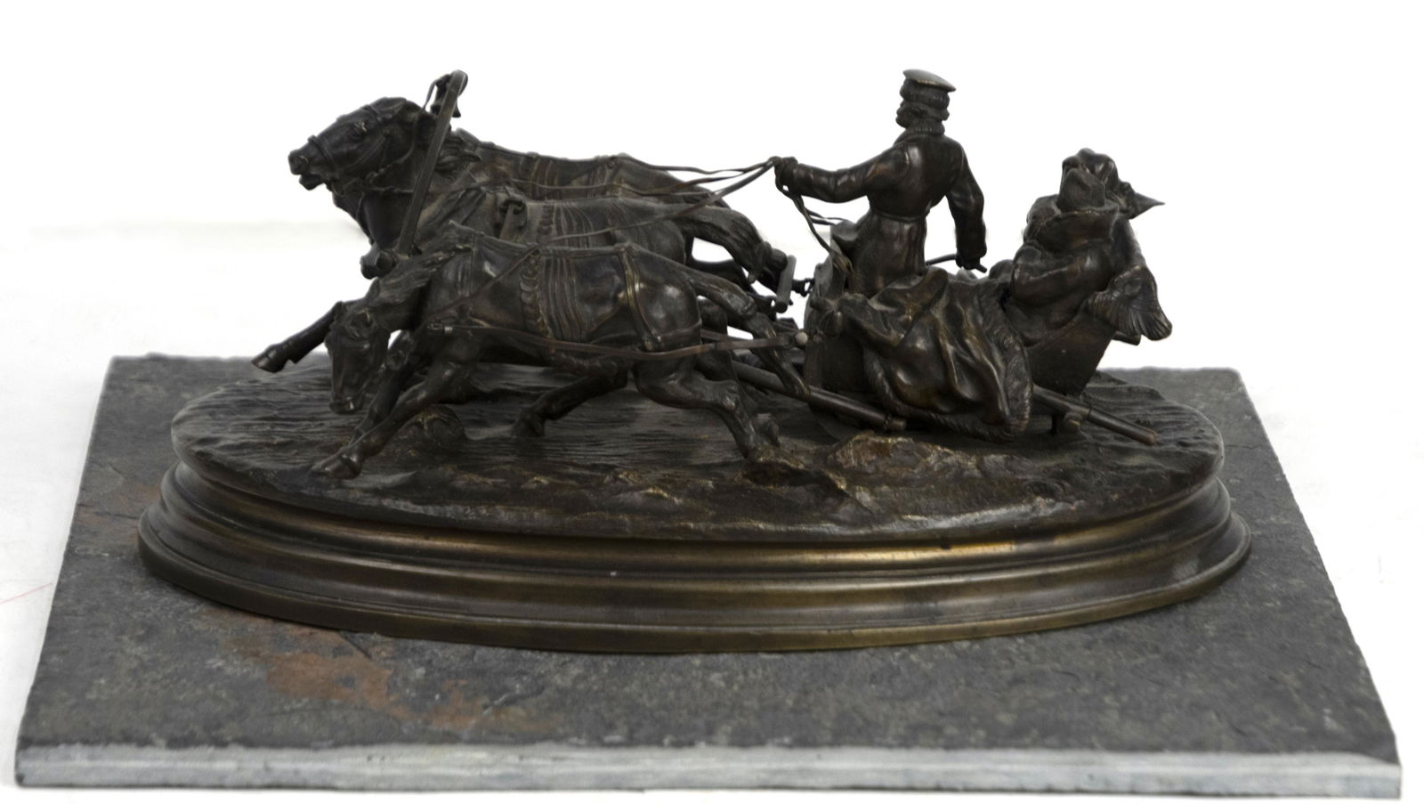 Sculpture, Vassili Yacovlevitch Grachev: Vassili Yacovlevitch Grachev (Russian, 1831-1905), Three Horses pulling Sleigh, 1877, bronze sculpture, signed in cyrillic lower left, stamped with "Fabr. C.F. Woerffel, St. Petersboug" foundry mark a