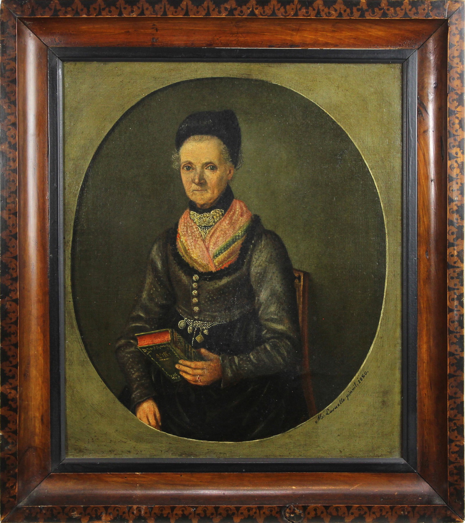 Painting, European School (19th century): European School (19th century), Woman with Book, 1826, oil on canvas, signed "M. Laruelle" and dated lower right-center, Biedermeier frame label affixed verso, overall (with frame): 20.25"h x 18"w