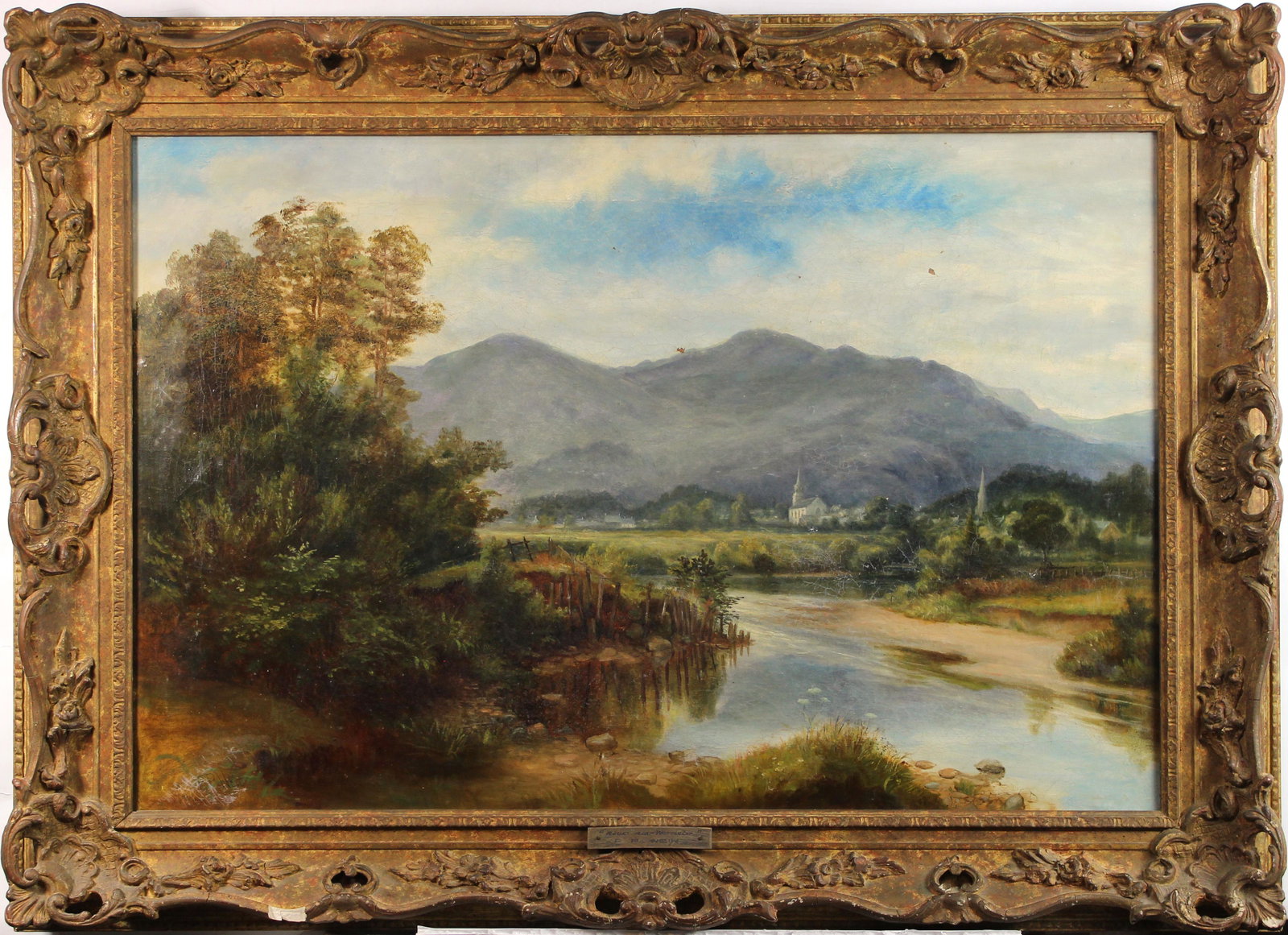 Painting, A River Near Worcester: American School (19th century), "A River Near Worcester," oil on canvas, signed "F.P. Weir" lower left, artist placard with title affixed to frame lower center, overall (with frame): 26.5"h x 36.5"w. 