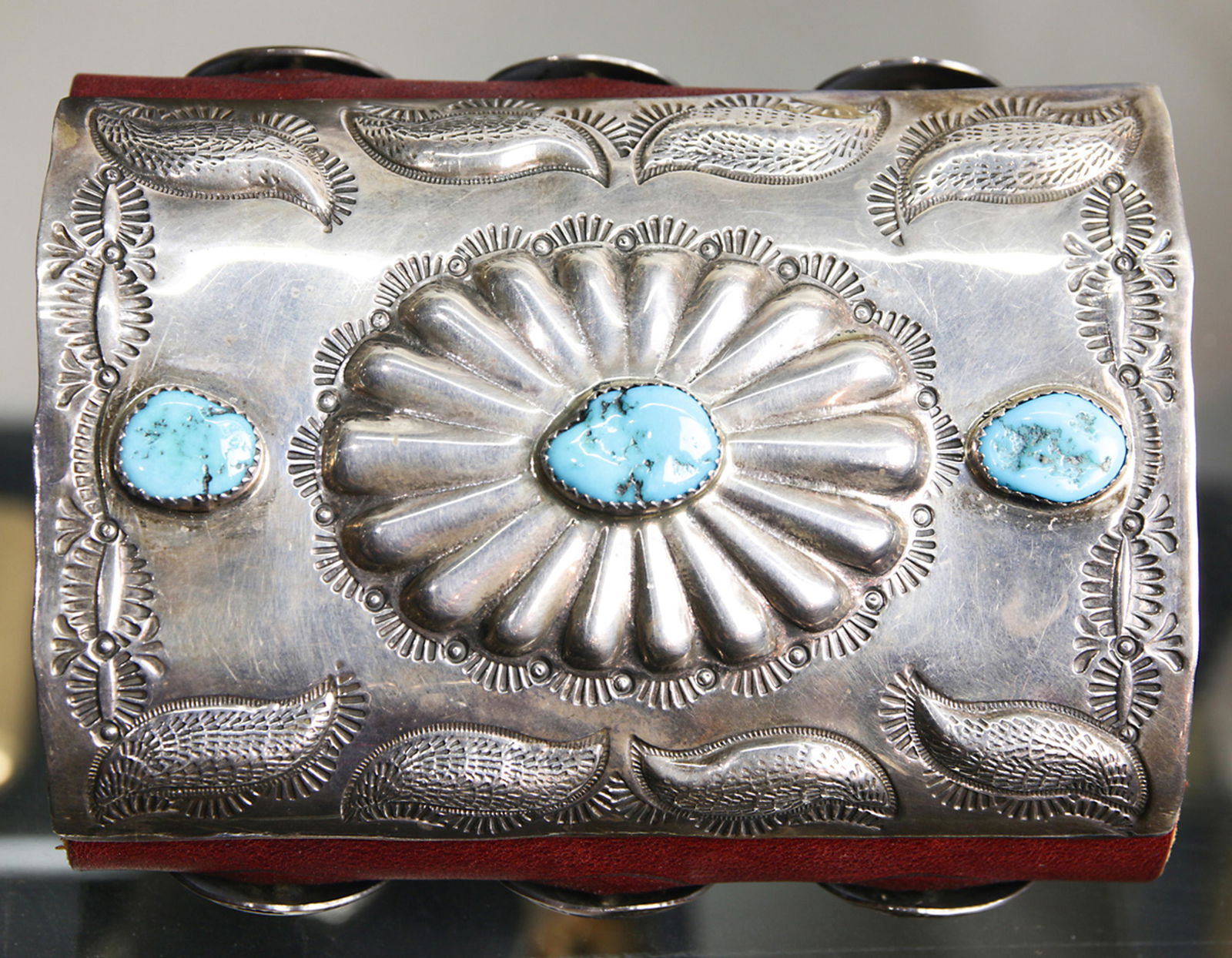 Navajo turquoise and silver mounted leather arm cuff (1 of 1)