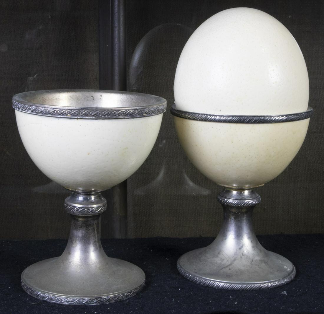 (lot of 3) Pair ostrich egg veneered plated footed (1 of 1)
