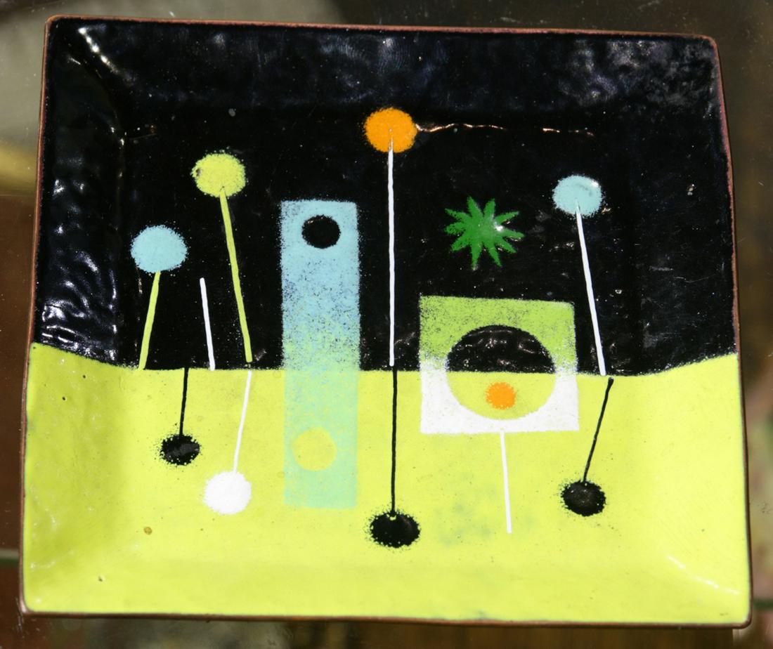 Harold Balazs enamel tray: Harold Balazs (1928-2017) enamel tray, with yellow and black geometric designs, 4.5"w square