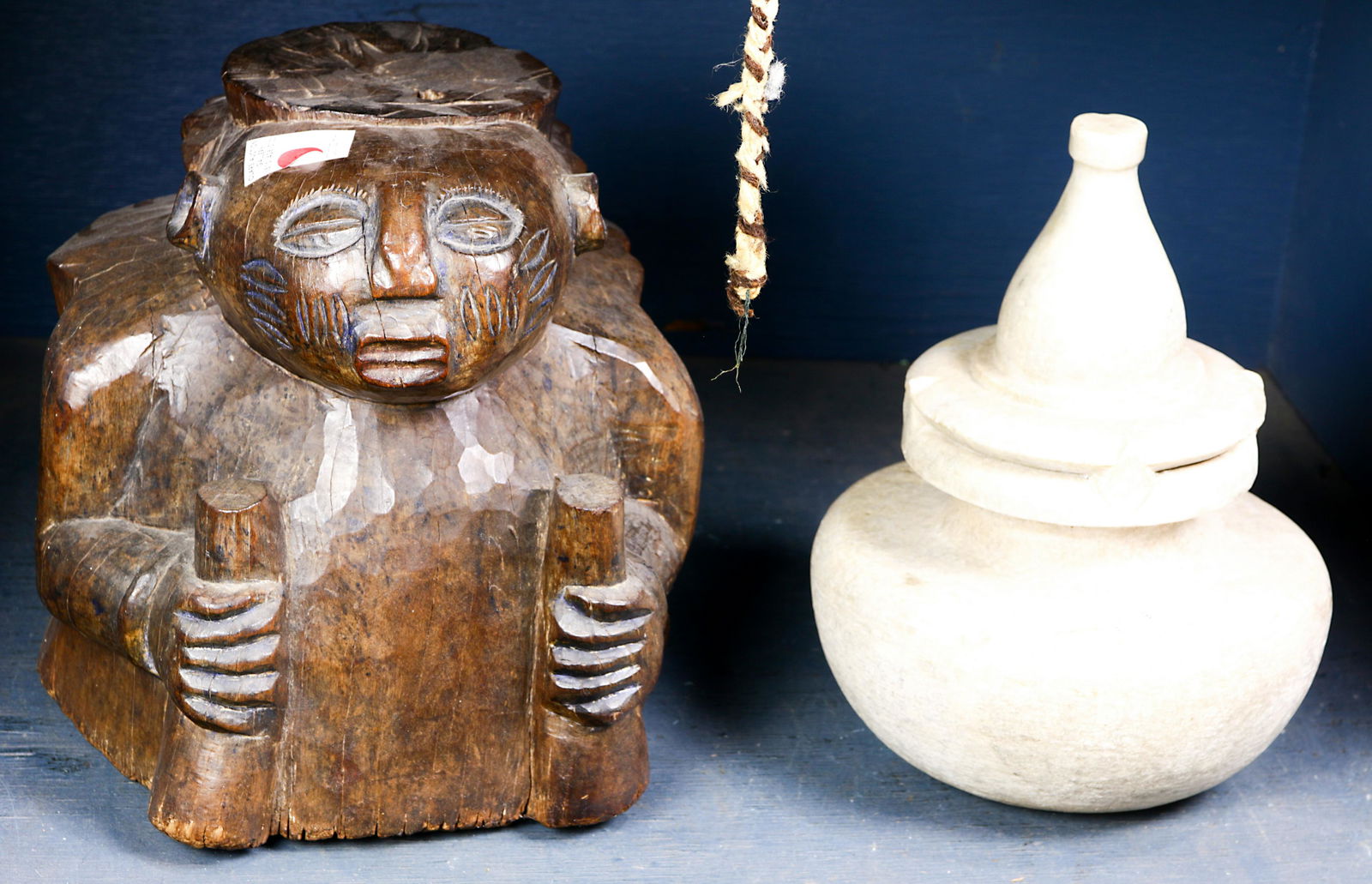 (lot of 2) A hand carved wooden stool and stone vessel (1 of 1)