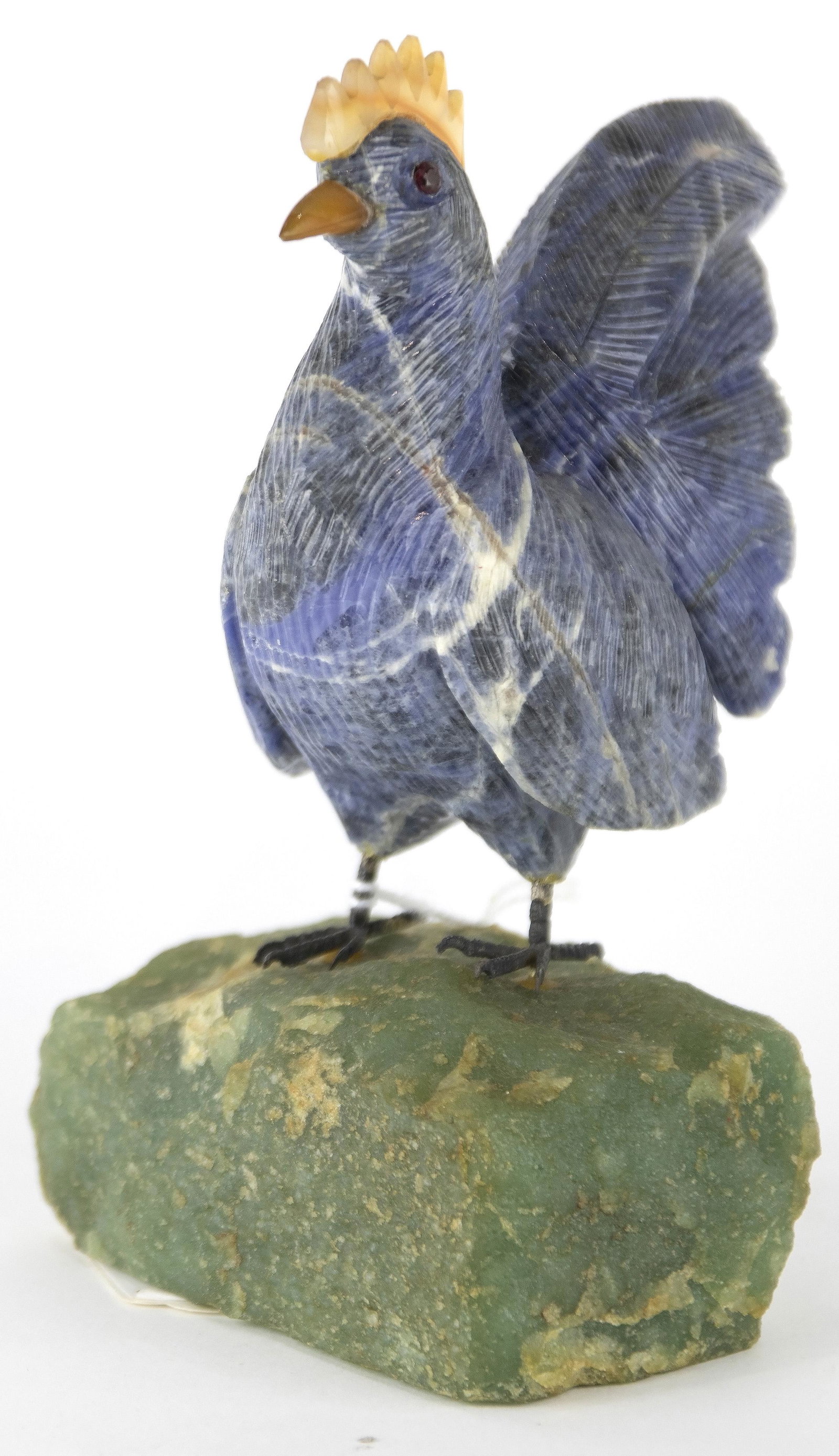 Lapis lazuli and serpentine sculpture of a rooster: Lapis lazuli and serpentine sculpture of a rooster, 6.5"h