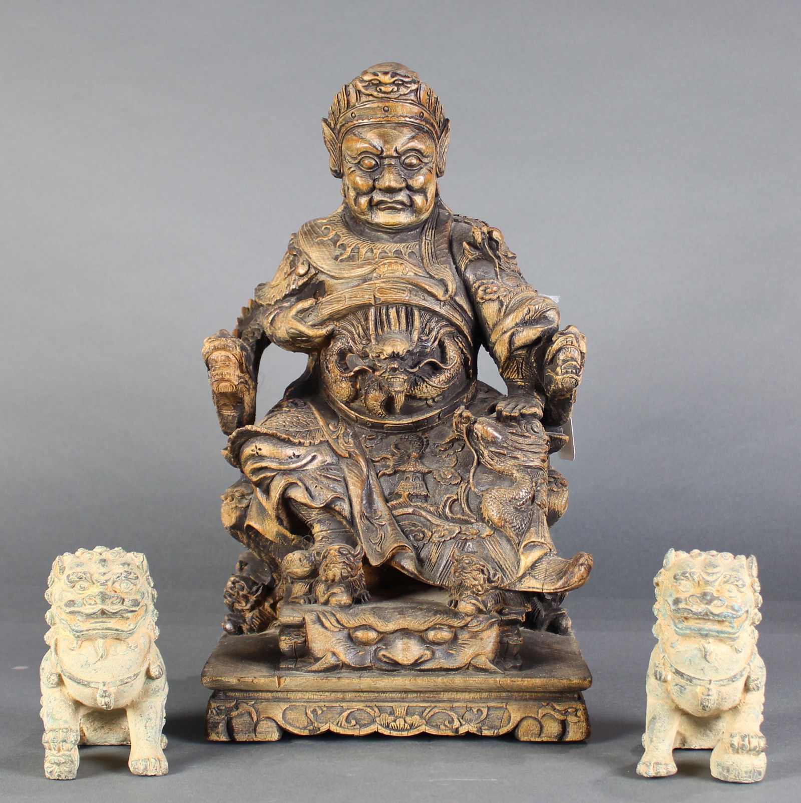 (lot of 3) Chinese carved ancestral figure with a pair (1 of 3)