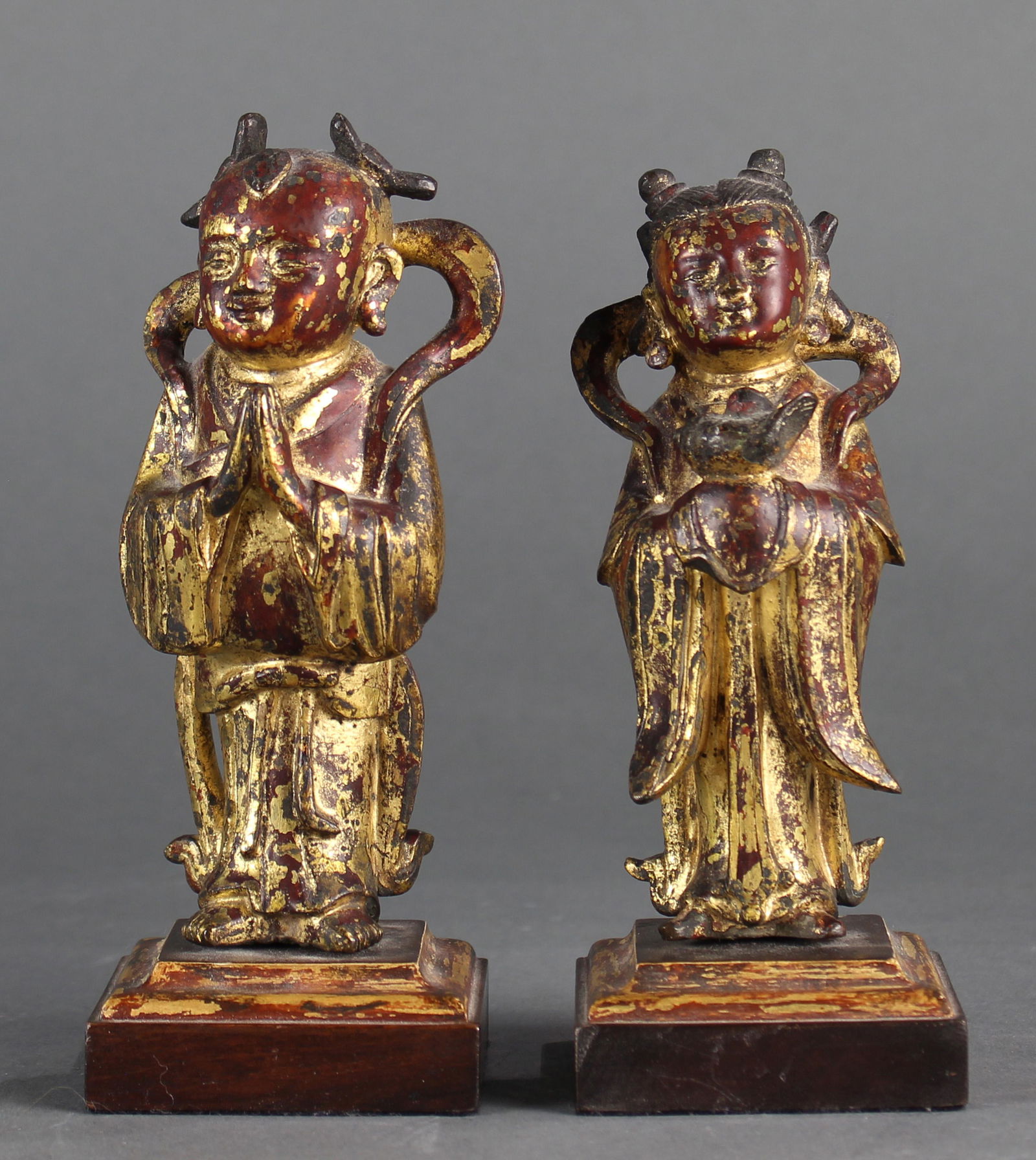(lot of 2) Miniature pair Chinese gilt bronze figures (1 of 3)