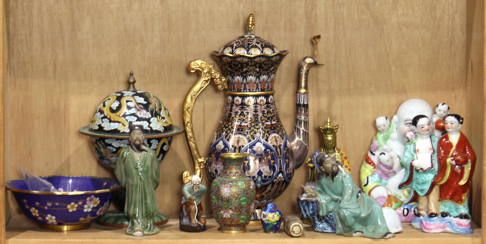 A shelf of Chinese cloisonne table articles and (1 of 1)