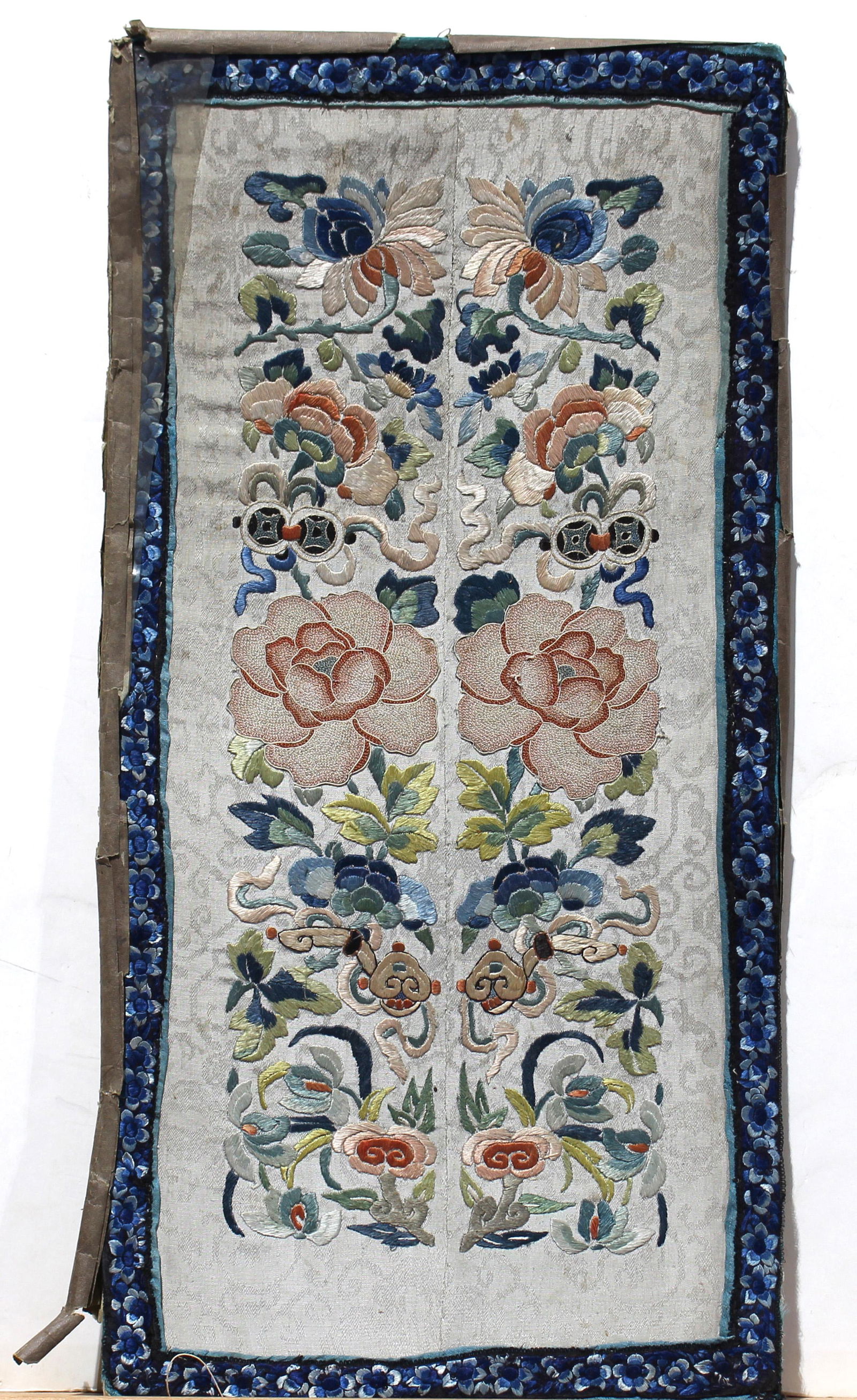 Pair Chinese silk embroidery panels of flowers (1 of 2)