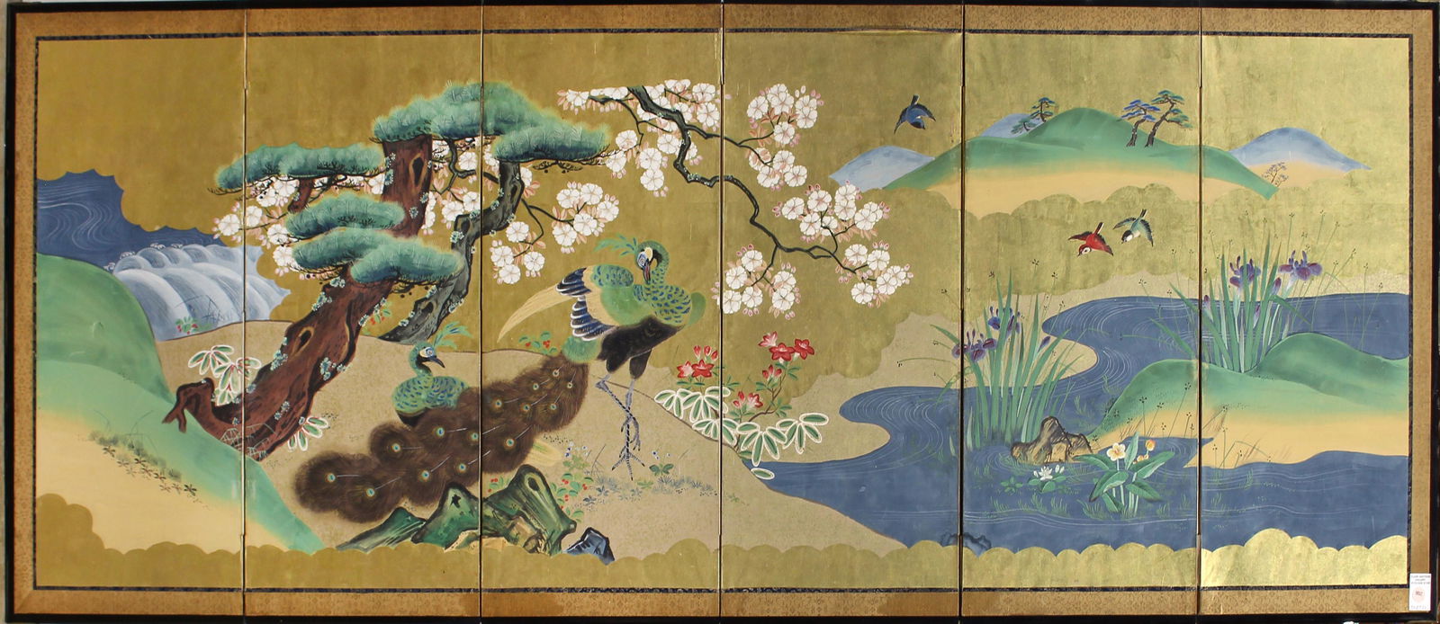 Small Japanese 6 panel peacock screen, mounted to be (1 of 1)