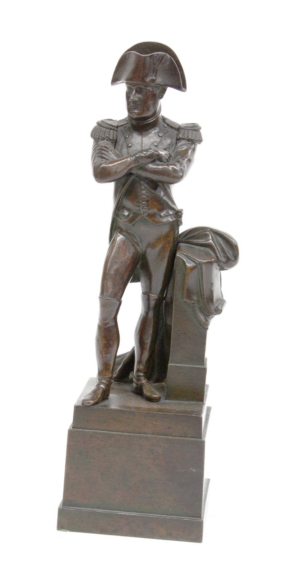 bronze statue Napoleon: Mid 19th century bronze statue with medium brown patina, depicting Napoleon with crossed arms and cloak on pedestal, 11''h