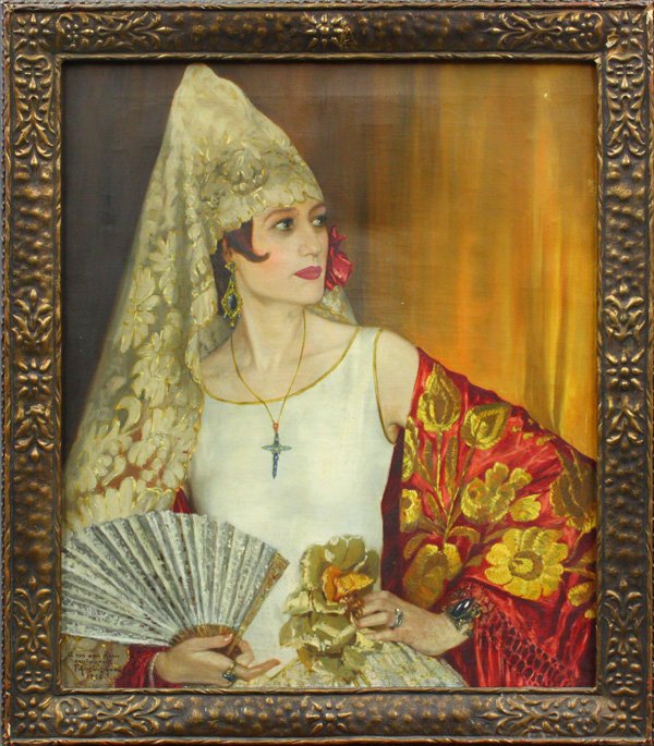 Painting, F. Gonzalez Gamarra portrait: Framed oil on canvas, Woman in Traditional Costume, 1928, by Francisco Gonzalez Gamarra (Peruvian, 1890-1972), signed and inscribed ''A mon amie Renee/ carinosamente / F. Gonzalez Gamarra'' lower left