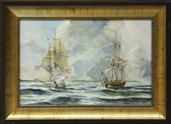 Painting, Joe Hunt, Nautical, American: Framed oil on Masonite, Battle of the J.P. Jones and Drake, by Joseph Hunt (American, 20th century), signed ''Joe Hunt'' lower right, sight: 16''h x 23.5''w, overall: 22.5''h x 30.5''w