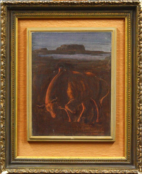 Painting, Aldo Pagliacci, Italian: Framed oil on board, Bulls, by Aldo Pagliacci (Italian, b. 1913), signed and dated ''Aldo Pagliacci 1951'' lower right, sight: 10''h x 7.75''w, overall: 17''h x 14''w