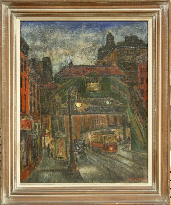 Painting, Hochfeld, WPA, American: Framed oil on canvas laid to Masonite, ''Depression Twilight'', 1933, by Joseph Hochfeld (American, 20th century), signed ''J. Hochfeld'' lower right, titled and dated verso, sight: 19.5''h x 15.5''w,