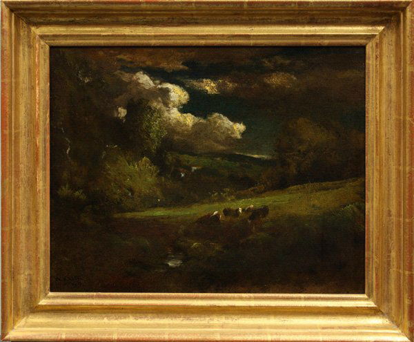 Painting, William Keith, Californian: Framed oil on canvas, Grazing Cows in Landscape, by William Keith (Californian, 1838-1911), signed ''William Keith, SF'' lower left, sight: 15''h x 19''w, overall: 20.5''h x 24.5''w