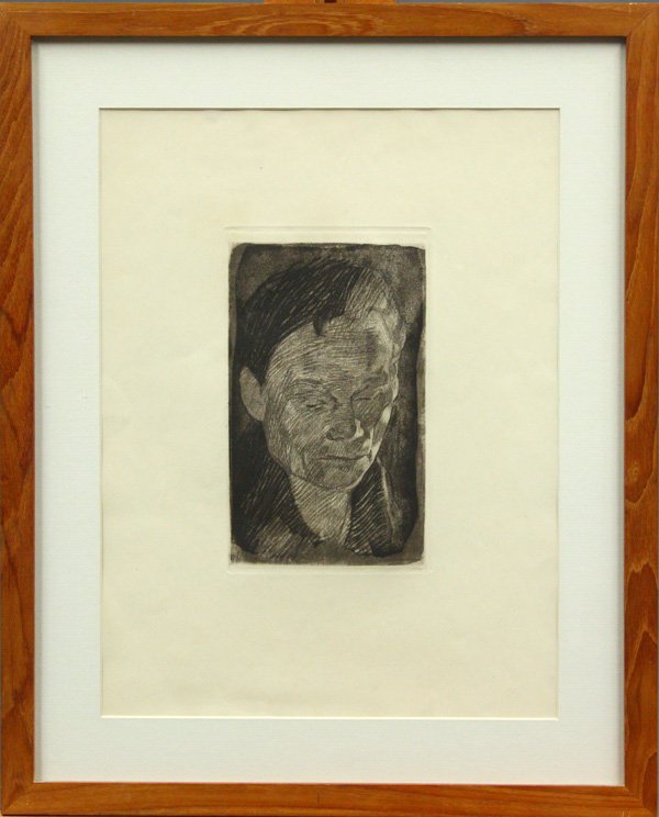 etching, Kathe Kollwitz, German: Framed softground etching and drypoint, Head of a Woman, by Kathe Kollwitz (German, 1867-1945), unsigned, plate: 9.2''h x 5.5''w, sight: 16''h x 12''w, overall: 21.5''h x 17.25''w