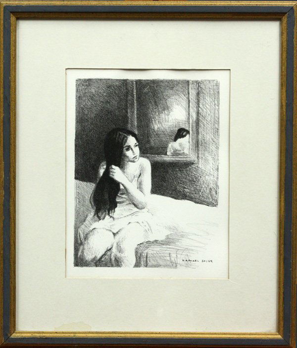 lithograph, Raphael Soyer, Seated Girl: Framed lithograph, Seated Girl Braiding her Hair, by Raphael Soyer (American, 1899-1987), signed in plate lower right, sight: 11.5''h x 9.25''w, overall: 19''h x 16.5''w