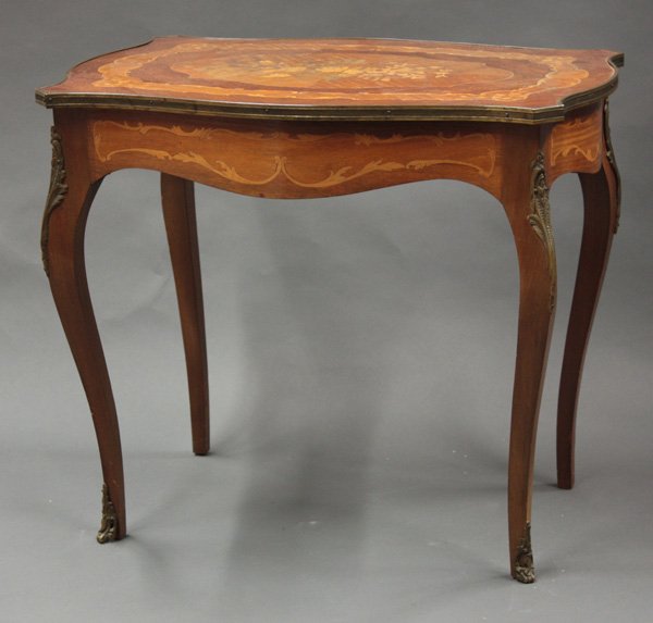 Louis XV style turtle top side stand: Louis XV style turtle top center table with brass mounts and floral marquetry top, 25''h x 25''w x 19''d