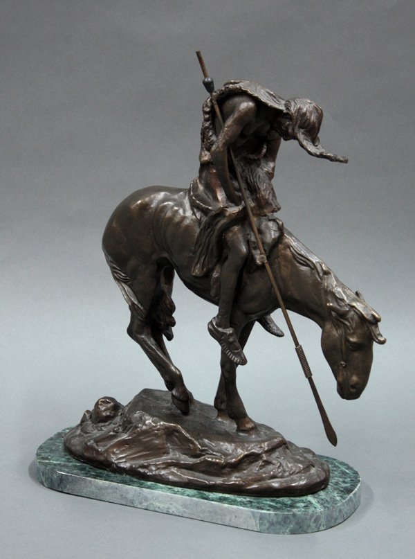 Bronze sculpture, after James Fraser: Bronze sculpture, End of the Trail, after James Fraser (American, 1876-1953), signed ''Fraser 1894'', on a green marble base, 14''h x 10.5''w x 5.5''d