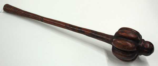 Fiji carved wooden war club 19th century: Fiji carved wooden war club balanced for throwing, late 19th century, of tropical hardwood with incised handle, 17.5''l. Provenance: property of a 19th century maritime family