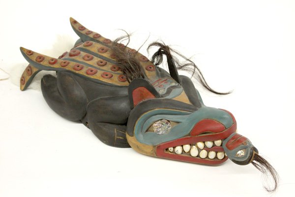 Contemporary Pacific Northwest carved mask: Contemporary Pacific Northwest carved and polychrome decorated mask with cowrie shell teeth and abalone eyes, signed Lavalle, 19.5''h