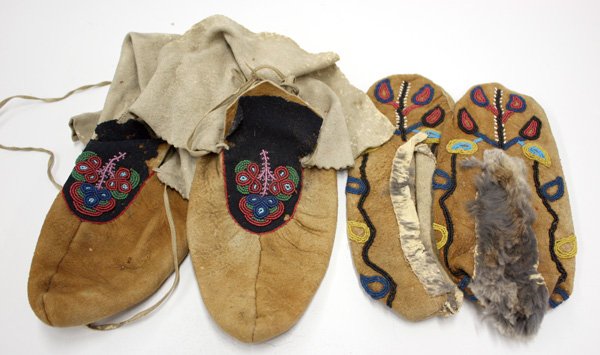 beadwork moccasins: (lot of 4) Two pairs of beadwork moccasins, late 19th century with native tanned hide