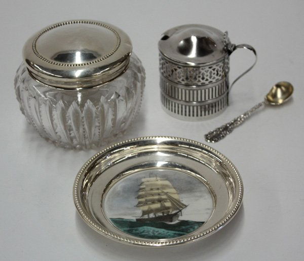 Delano studios dish, mustard jar, Wallace spoon: (lot of 3) Selection of sterling mounted table articles including a Delano Studios decorated porcelain dish depicting the ship 'Keystone' and mounted with Frank M. Whiting sterling, 4.5''d, a Webster